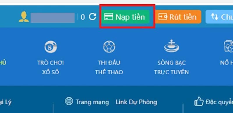 Đăng nhập và chọn Nạp tiền