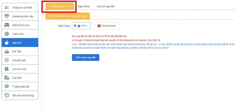 Nạp tiền bằng hình thức chuyển khoản nhanh 24/7